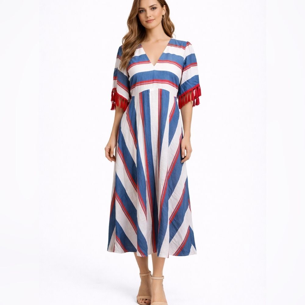 Anthropologie Traffic People Striped Fringe Linen Blend Midi Dress Size Large